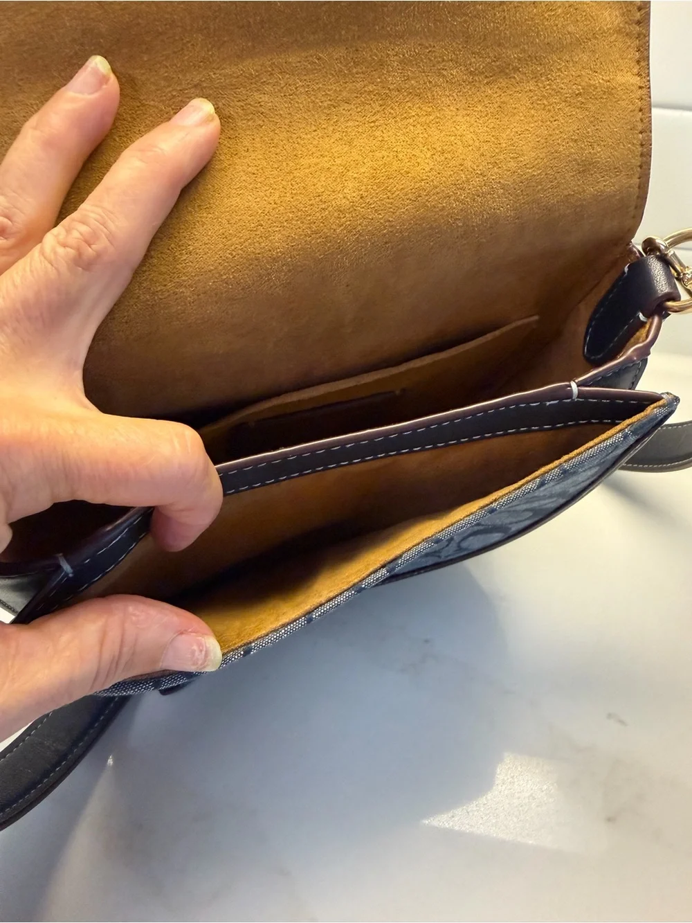 Coach Navy Signature Saddle Crossbody with Gold Hardware